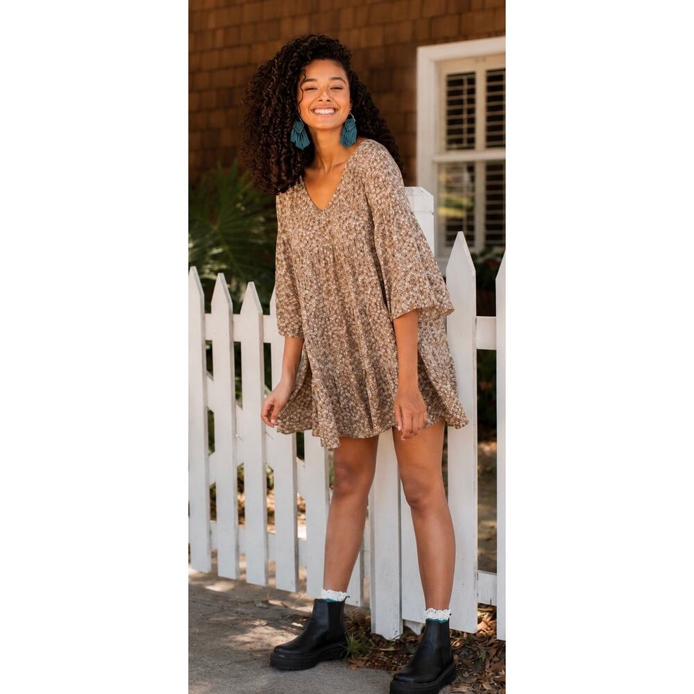 Natural Life Brown Ditsy Floral Babydoll Mini Dress Flowy Boho L / XL